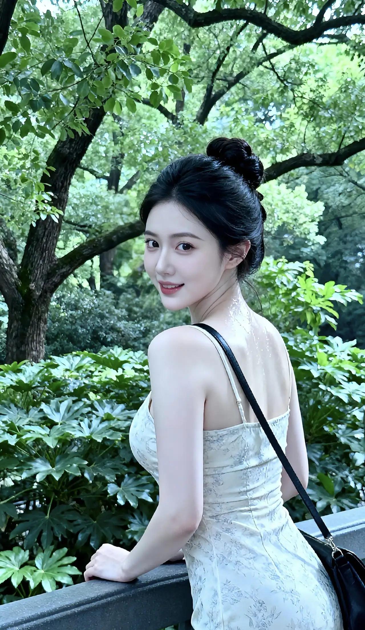 闲夏林影
林间的光总是碎的。她站在黑色栏杆旁，肩上的黑色包带压着浅色裙摆，阳光从