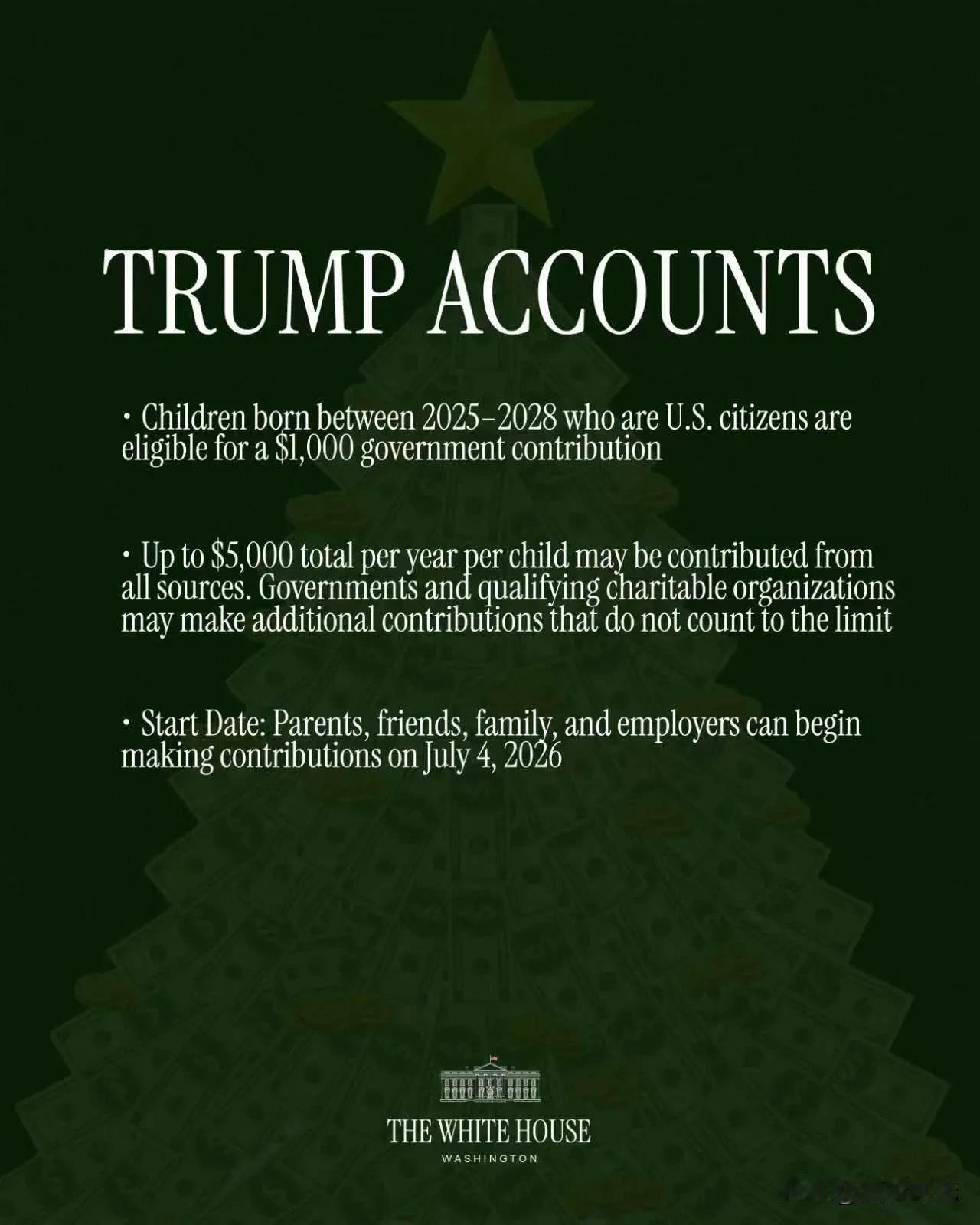 特朗普账户——2025至2028年间出生且为美国公民的儿童，可获得1000美元政