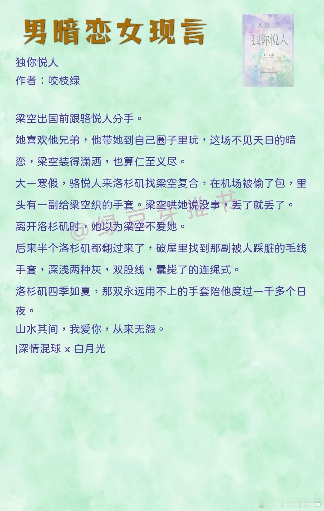 🌻男暗恋女现言：山水其间，我爱你，从来无怨。《独你悦人》作者：咬枝绿《空白页》