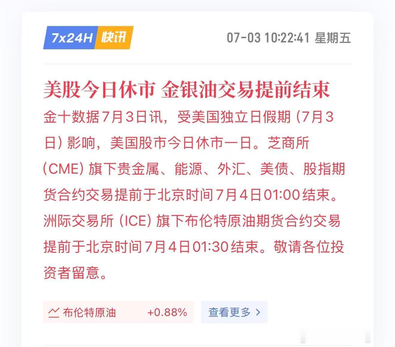 今日美股休市，金银原油期货凌晨提前收盘，建议大家不要持仓过夜! 
