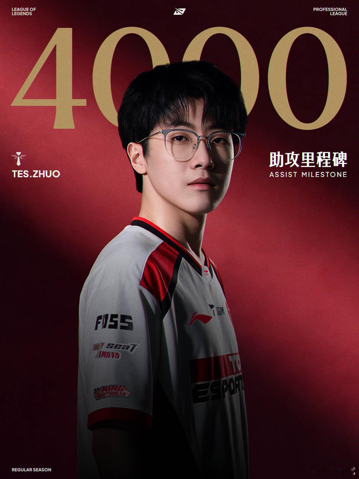 Zhuo在TES对阵WE的比赛中使用卡尔玛达成LPL生涯4000助攻，成为联赛第