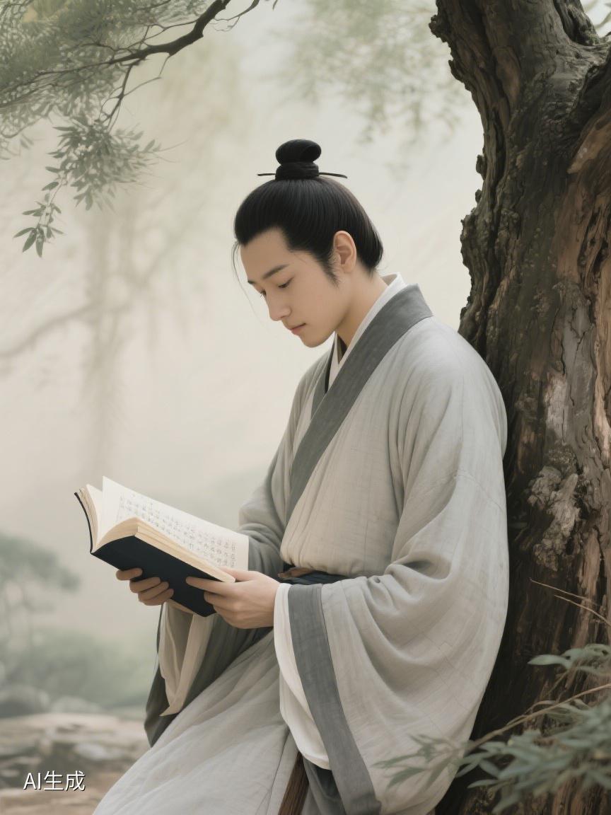 AI妙生图于树影斑驳处，捧卷静读，在书页间探寻时光，悟人生之幽微韵味✨