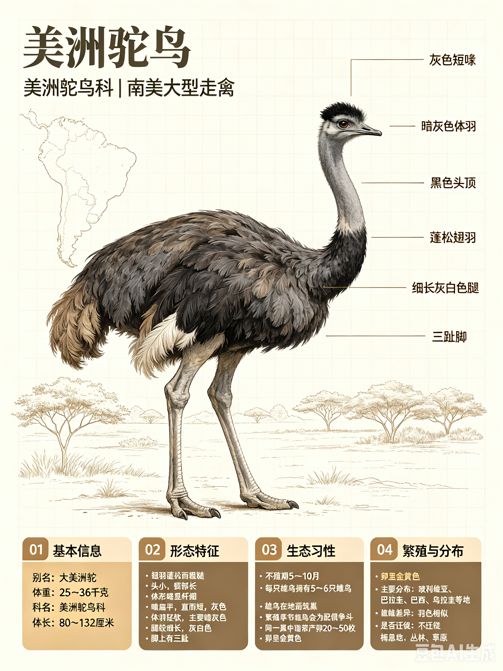 鸟类朋友图鉴 美洲鸵鸟科名：美洲鸵鸟科体重：25～36千克别名：大美洲鸵美洲鸵鸟