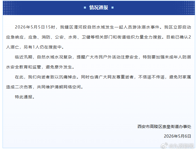 【#官方通报3孩童落水2人溺亡#】5月6日，西安市高陵区崇皇街道办事处通报：20