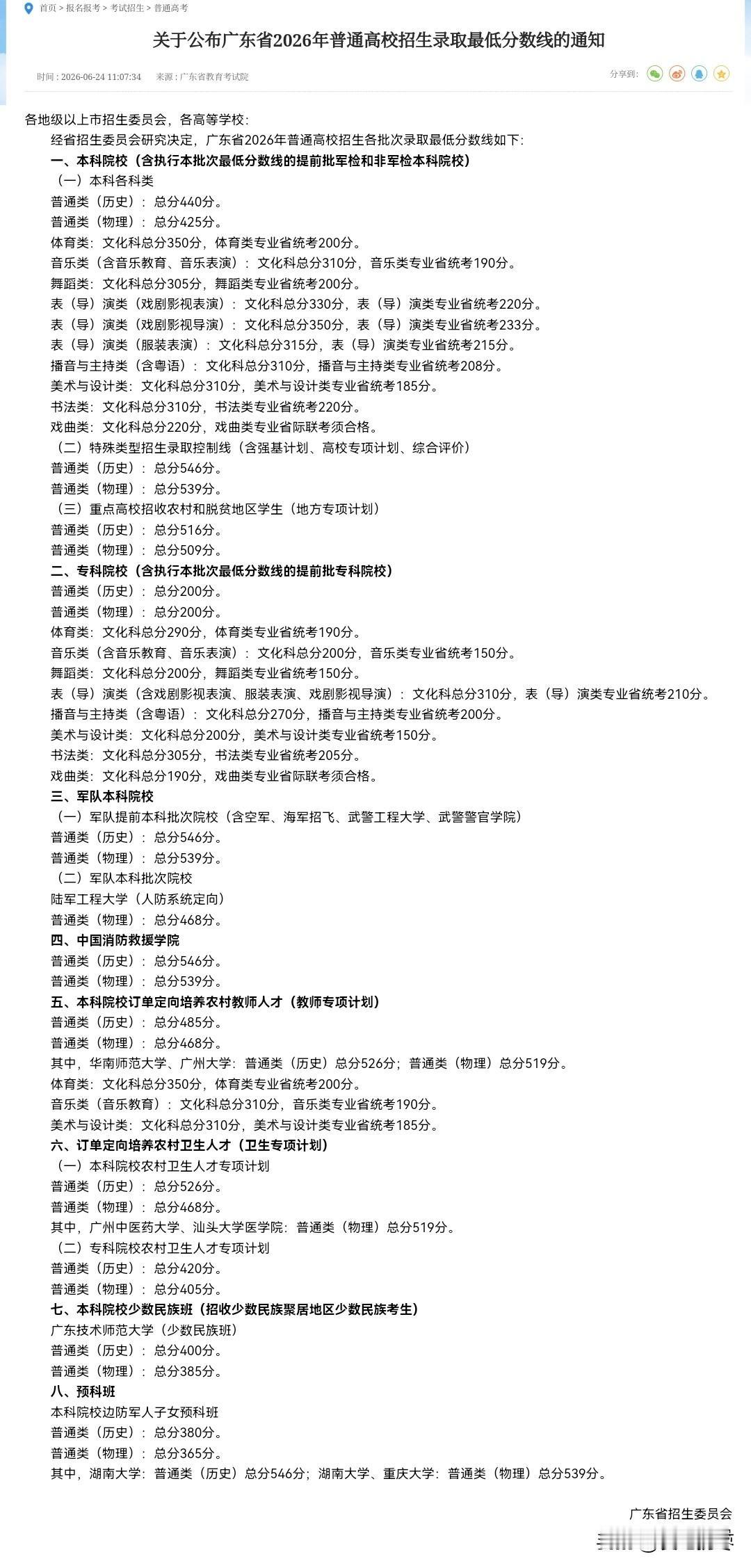 2026年广东省高校录取最低分数线公布，普通类历史类440分，物理类425分，历