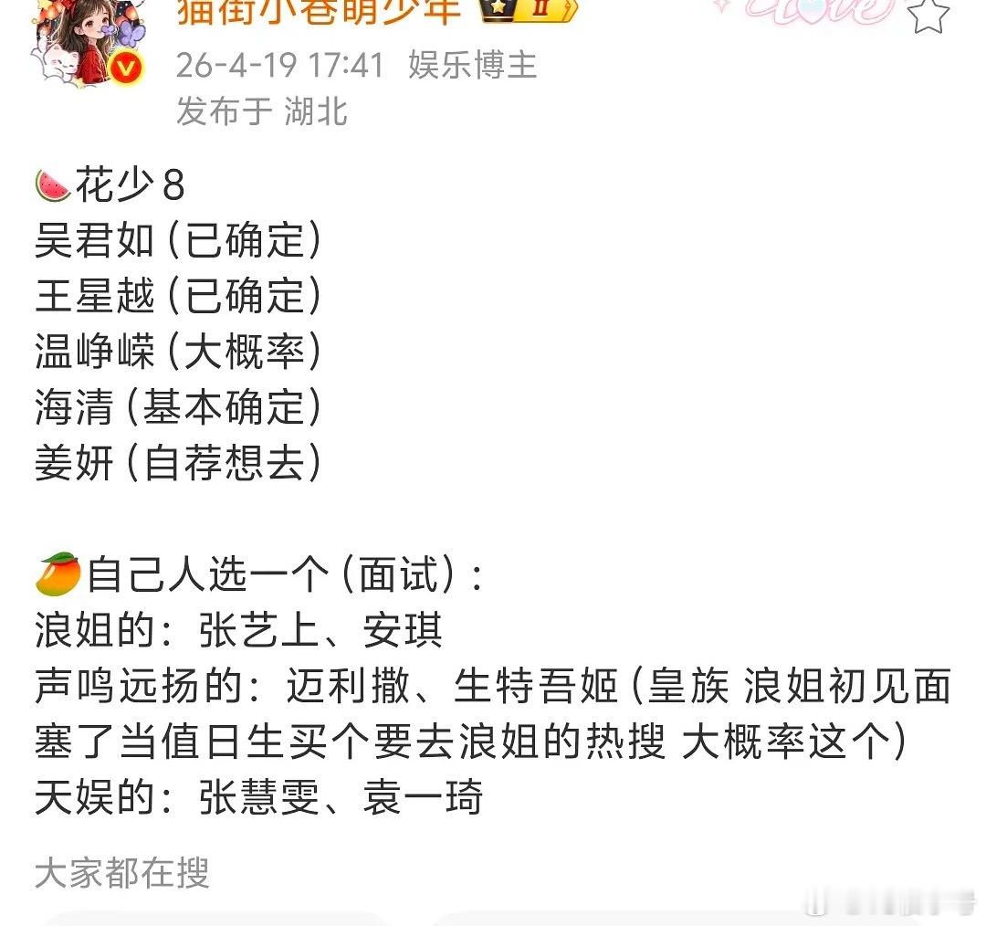 花少8这个阵容我不同意再来个热门95、00生，不要wzr 