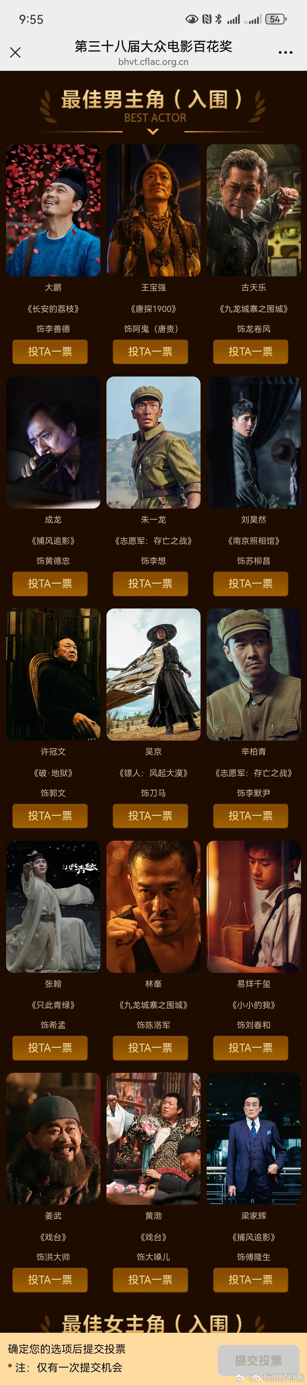 大众电影百花奖启动初评投票男女主没悬念、竞争不激烈，猜都猜到八九不离十了。 女宋