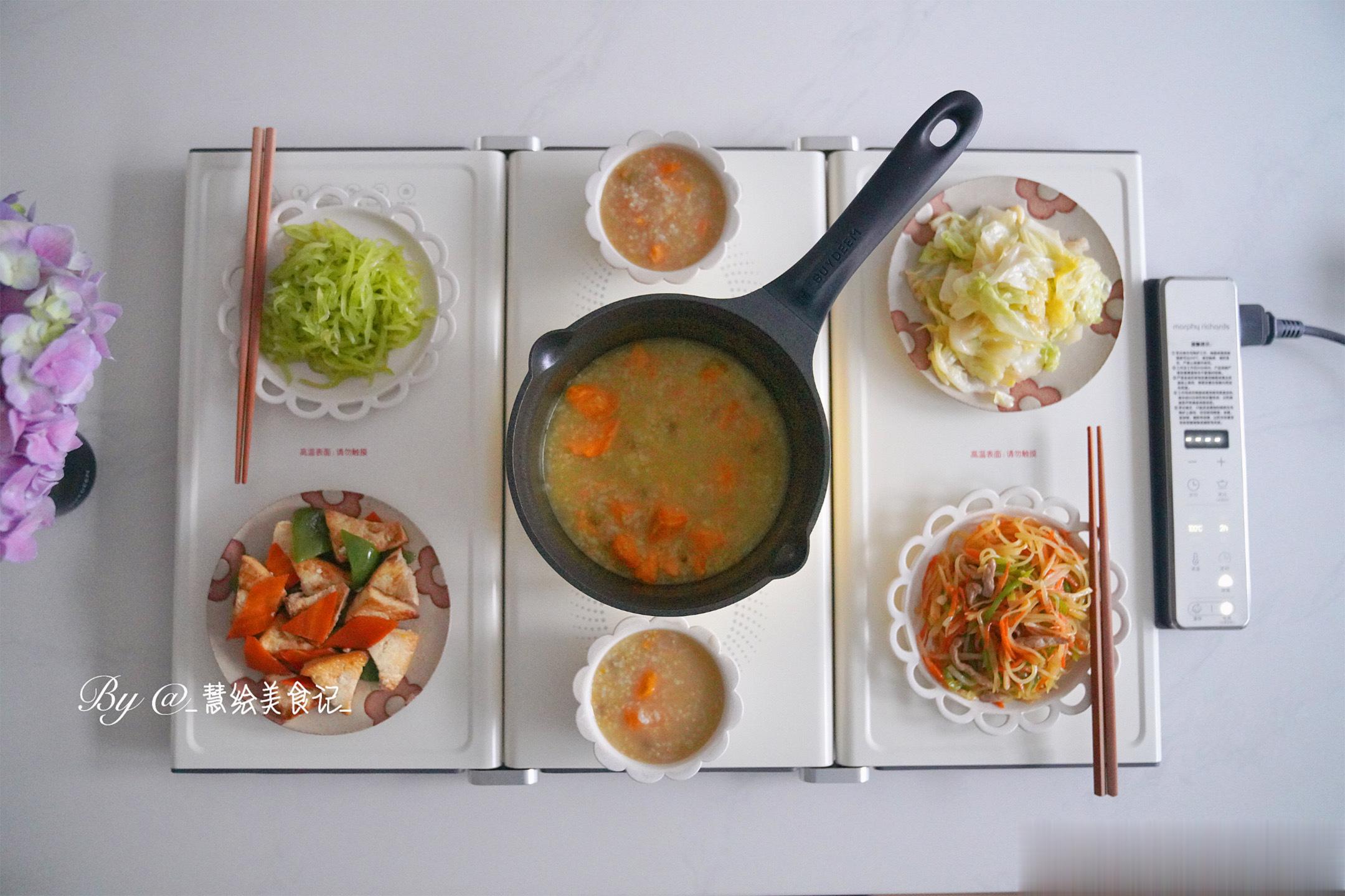 周三早餐素炒绿甘蓝、炒三丝、家常豆腐、拌笋丝、红薯粥~ ​​​