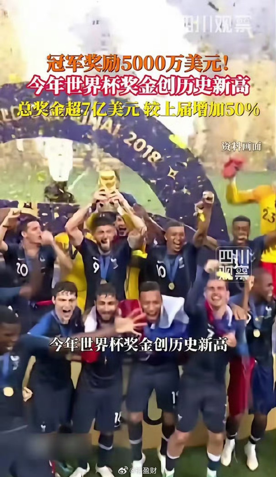 世界杯奖金池7.27亿美元近日，FIFA公布世界杯奖金分配方案：冠军5000万美