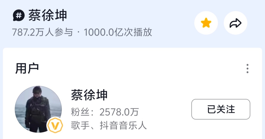 恭喜抖音话题千亿播放量了今年1月1日886亿，5个月增长114亿蔡徐坤