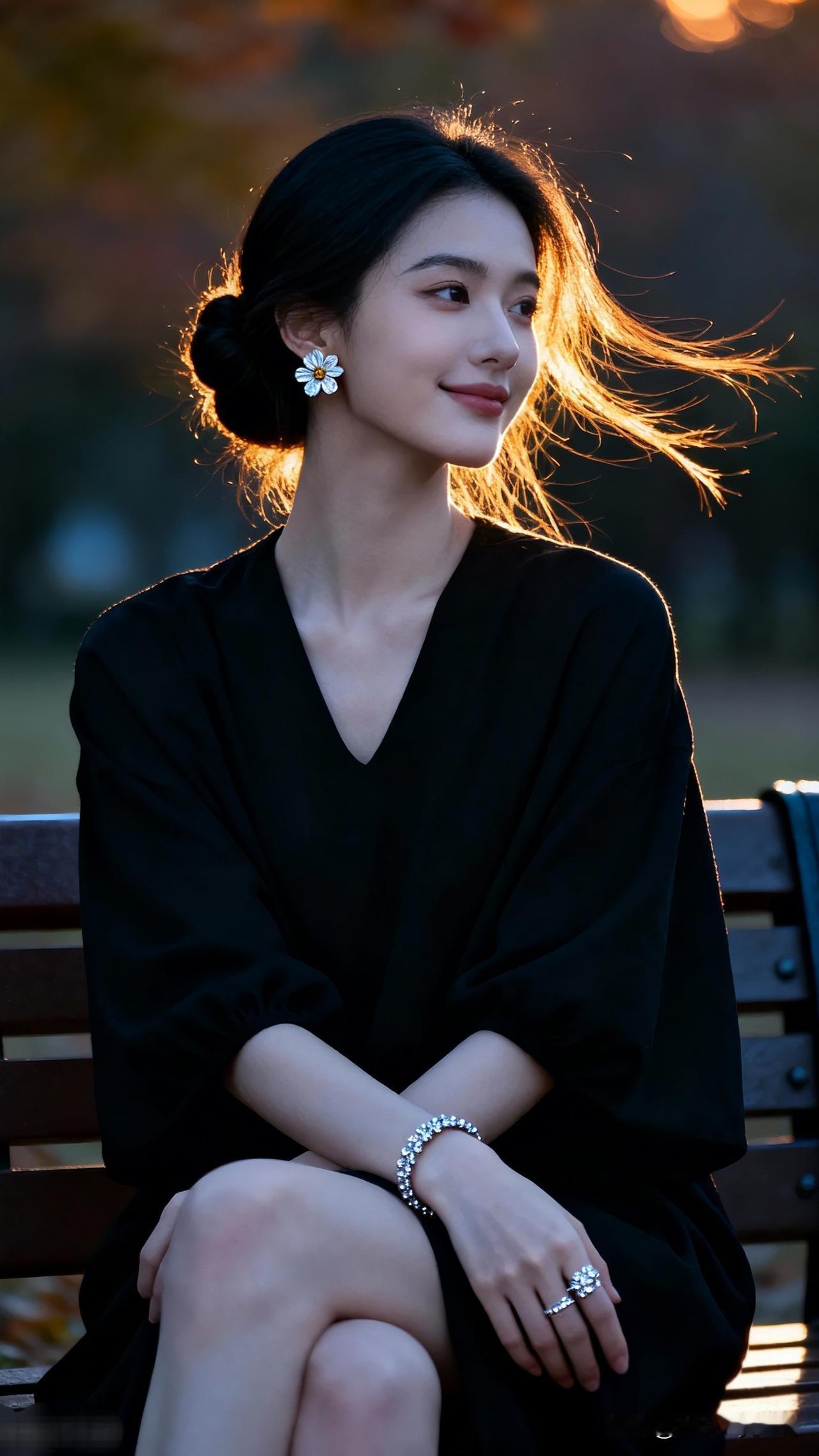 秋日黄昏，黑裙女子静坐长椅，耳畔雏菊，温柔时光。穿搭的精致感是什么?