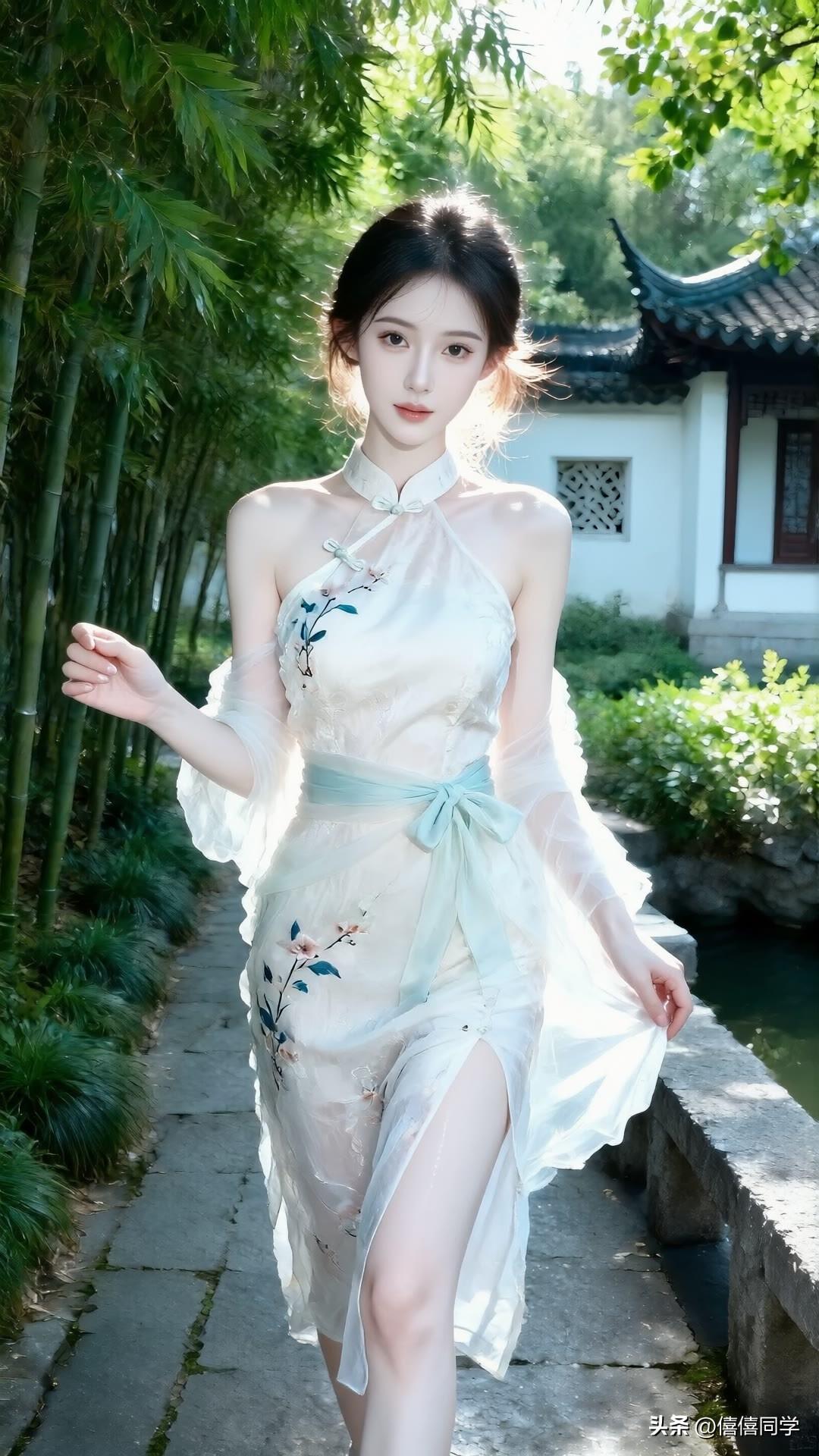 “竹影婆娑间，美人如画来”，这画面想想就美。就像那竹林仕女图，竹影摇曳，绿衣罗裙