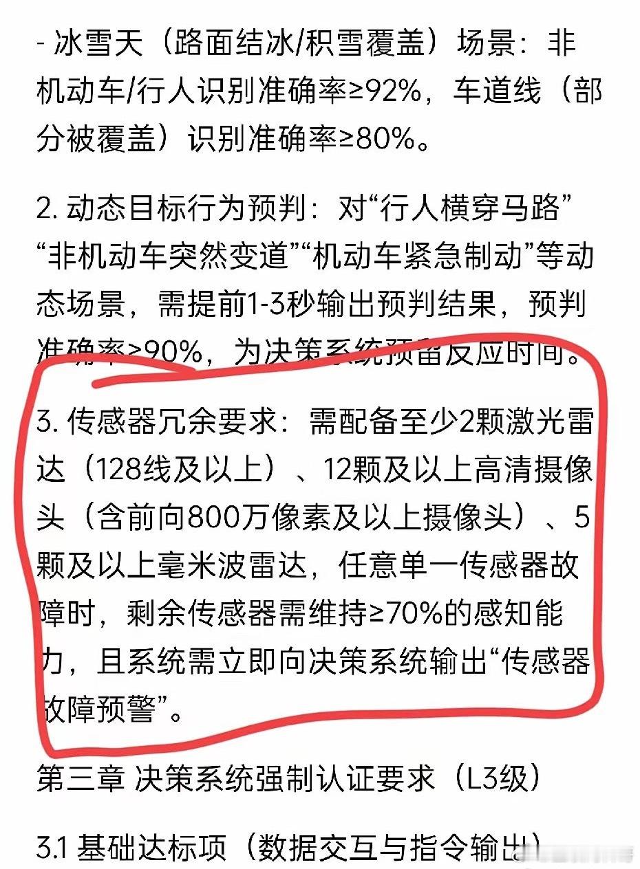 官方明确智能驾驶L3级别的标准了！纯视觉达不到L3标准！必须配置至少两个激光雷达