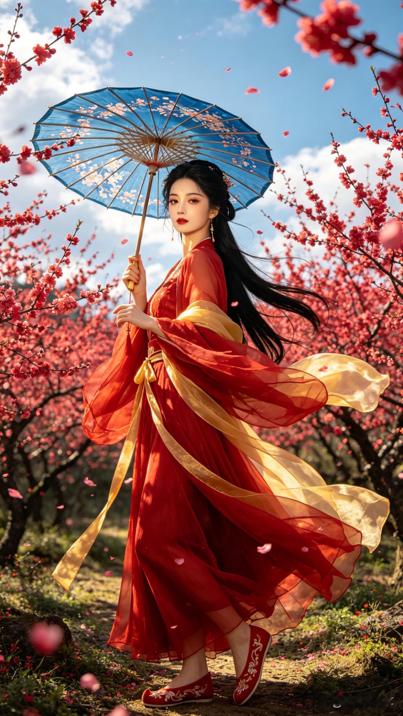 蝶恋花·桃林倩影

碧落云轻风细细，
十里桃林，花雨纷纷坠。
一袭红衣惊俗世，