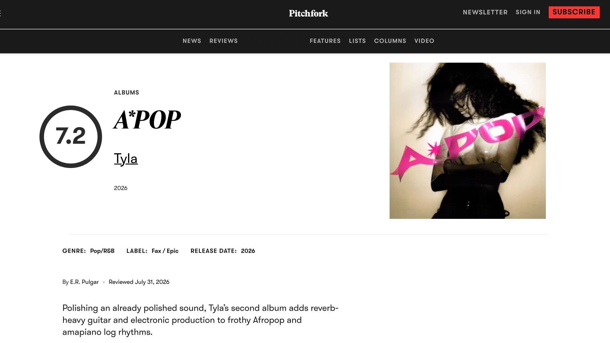 【乐评速递】Tyla 第二张录音室专辑『A*POP』获乐评机构 Pitchfor