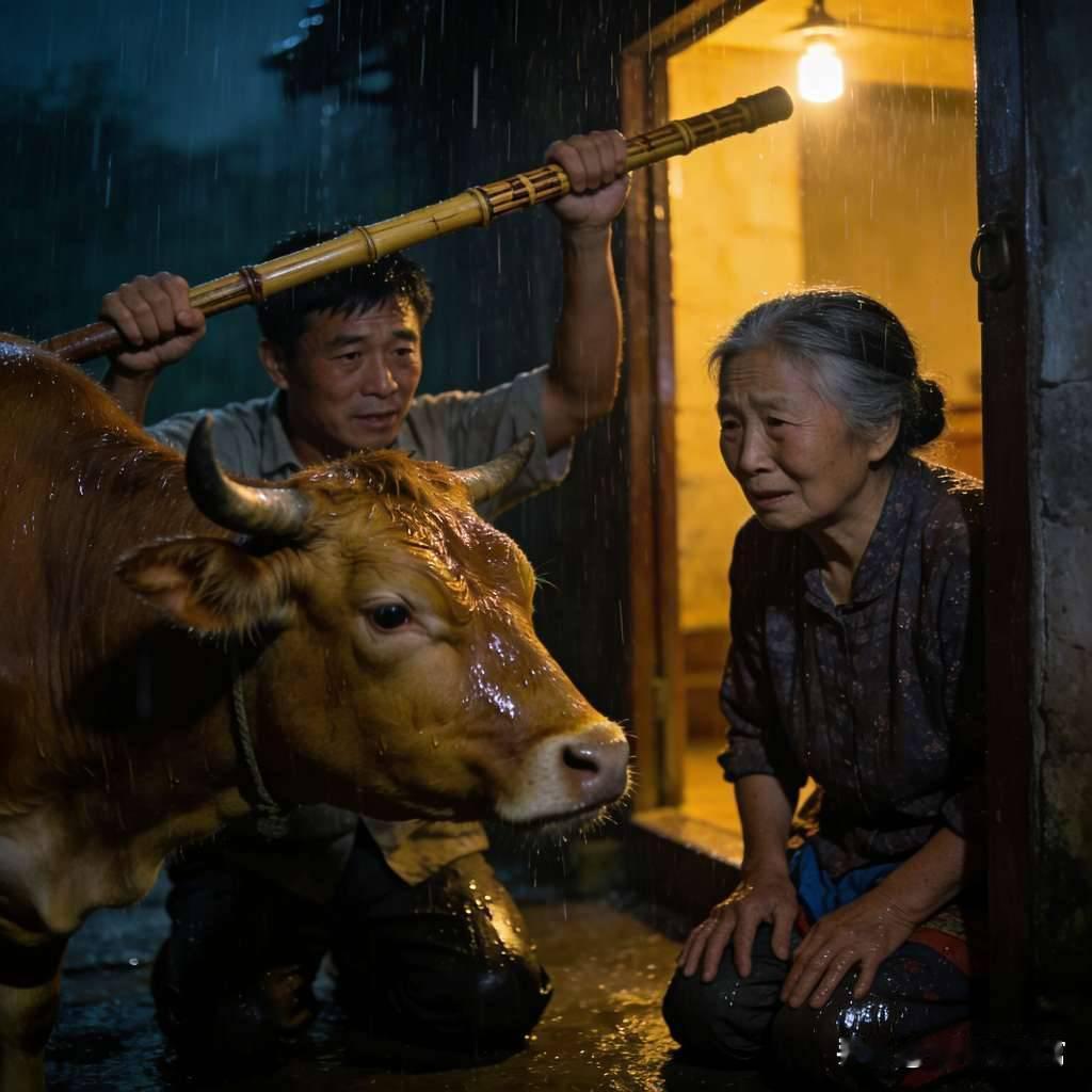 1987年的暴雨夜，我家老黄牛挣脱缰绳撞开柴门，用牛角死死抵着堂屋门槛不肯挪步，