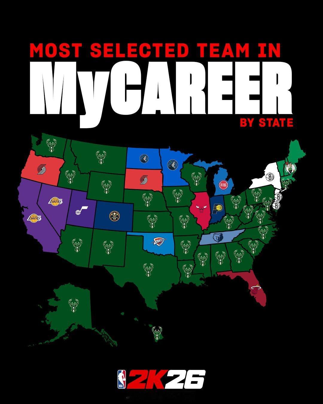 NBA2K26官宣，各州玩家选择主队开启my career模式时选的主队分布图: