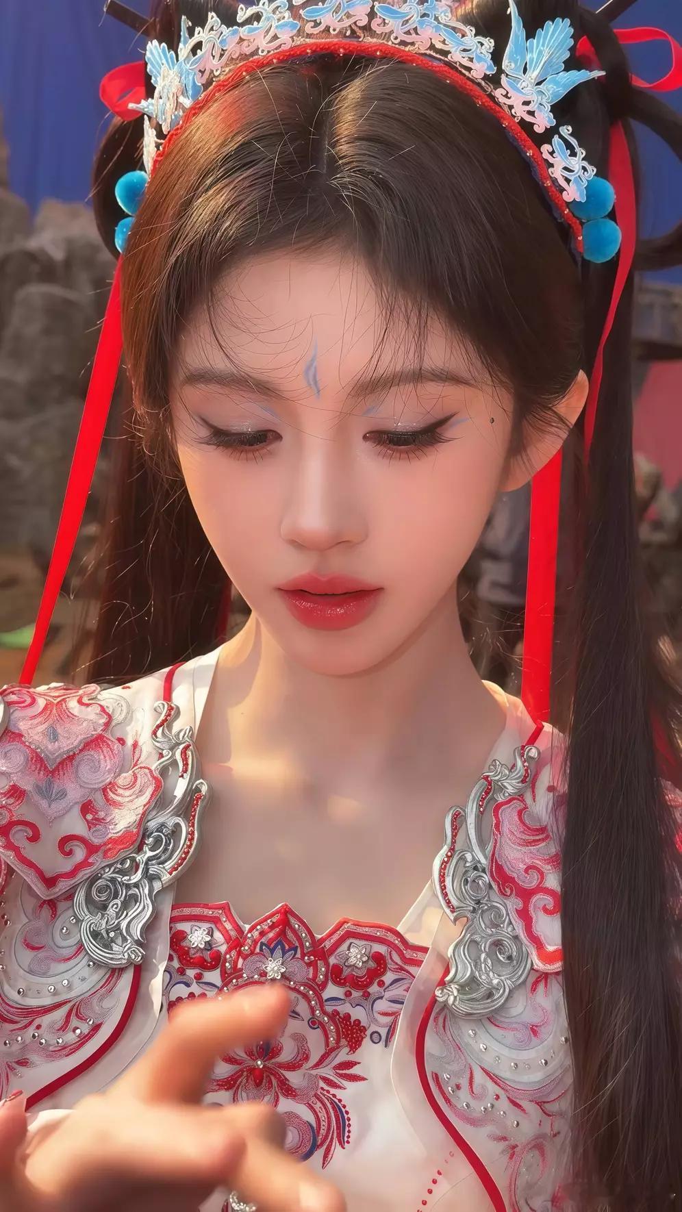 鞠婧祎簪花造型明艳美丽 对镜甜笑表情可爱活泼灵动 