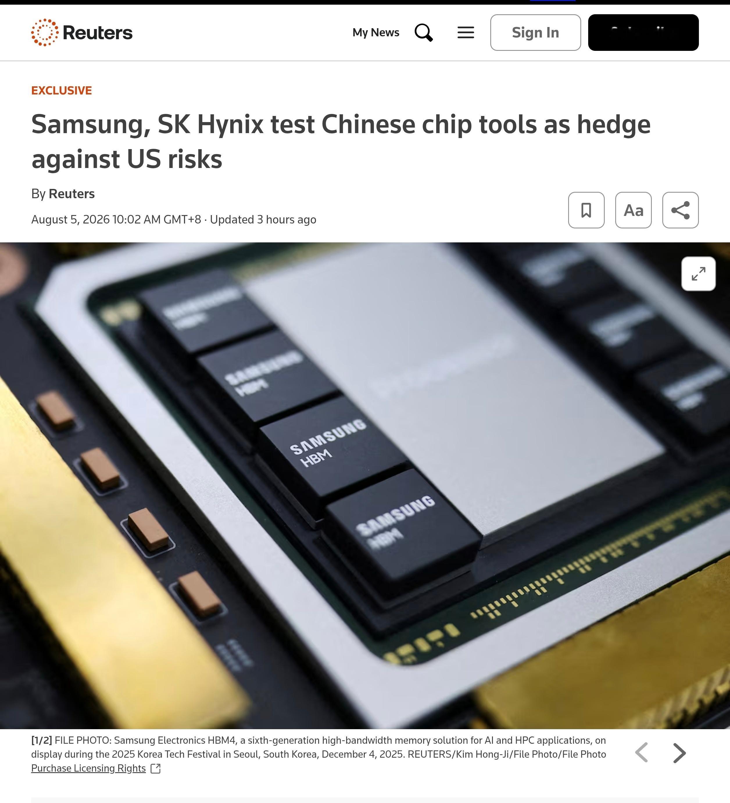 据路透社援引三位知情人士报道称，韩企三星电子和SK海力士正在评估中微公司（AME