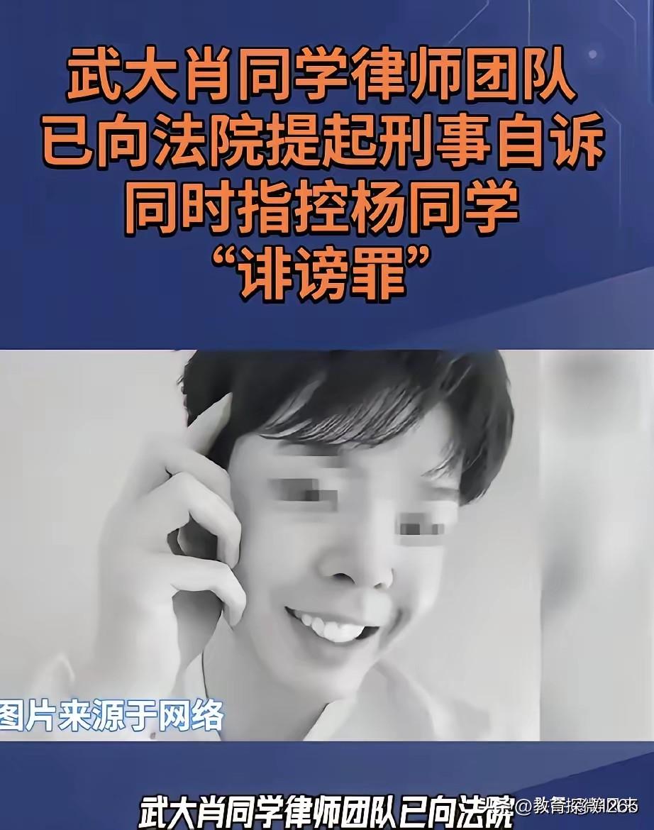 武汉大学肖同学的律师团队已向法院提起刑事自诉，指控杨同学两项罪名：诽谤罪（《刑法
