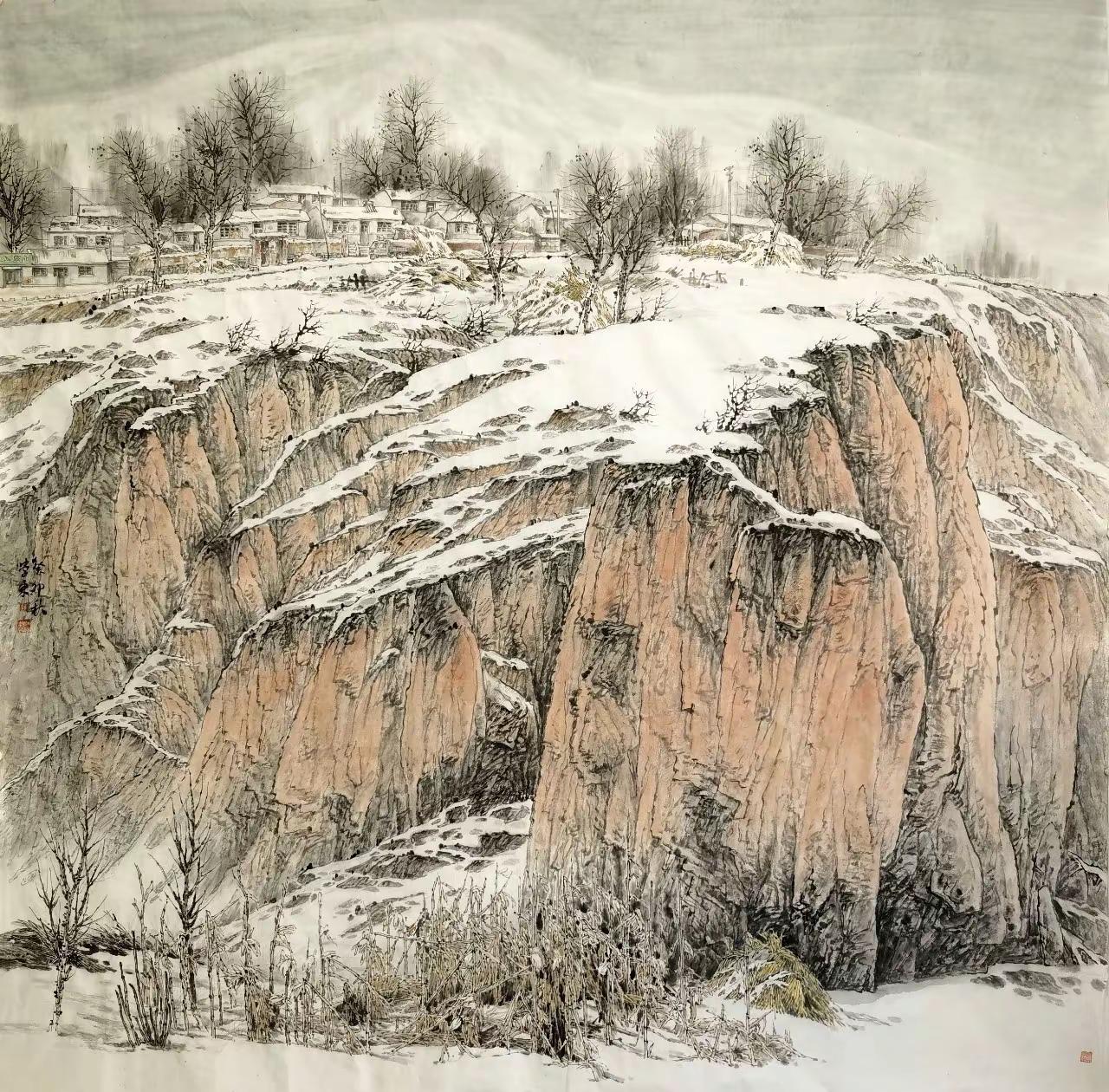 陇上冬雪。国画山水山水画意境探索 一起学习山水画 山水画的诗意 雪景山水画