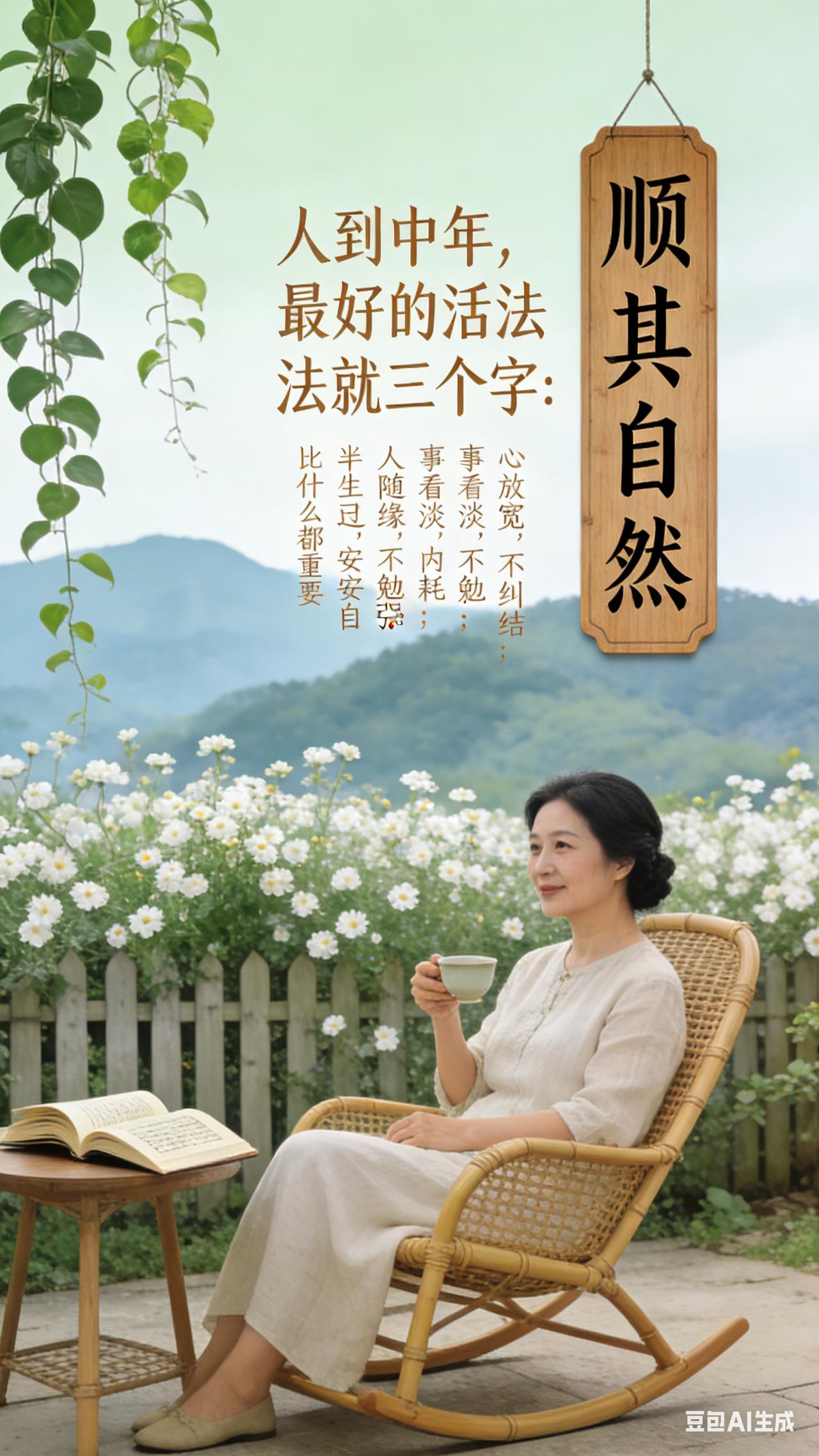 人到中年，最好的活法就三个字：
顺其自然。
心放宽，不纠结；
事看淡，不内耗；