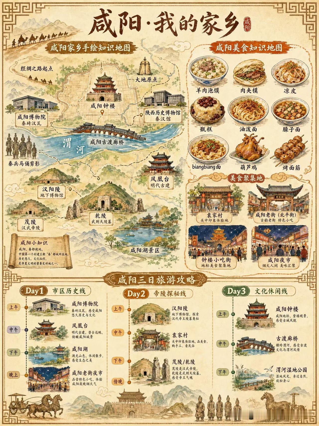 一张图带你玩转咸阳全攻略
来咸阳游玩这张地图带你少走弯路，先来看一看咸阳有什么！
