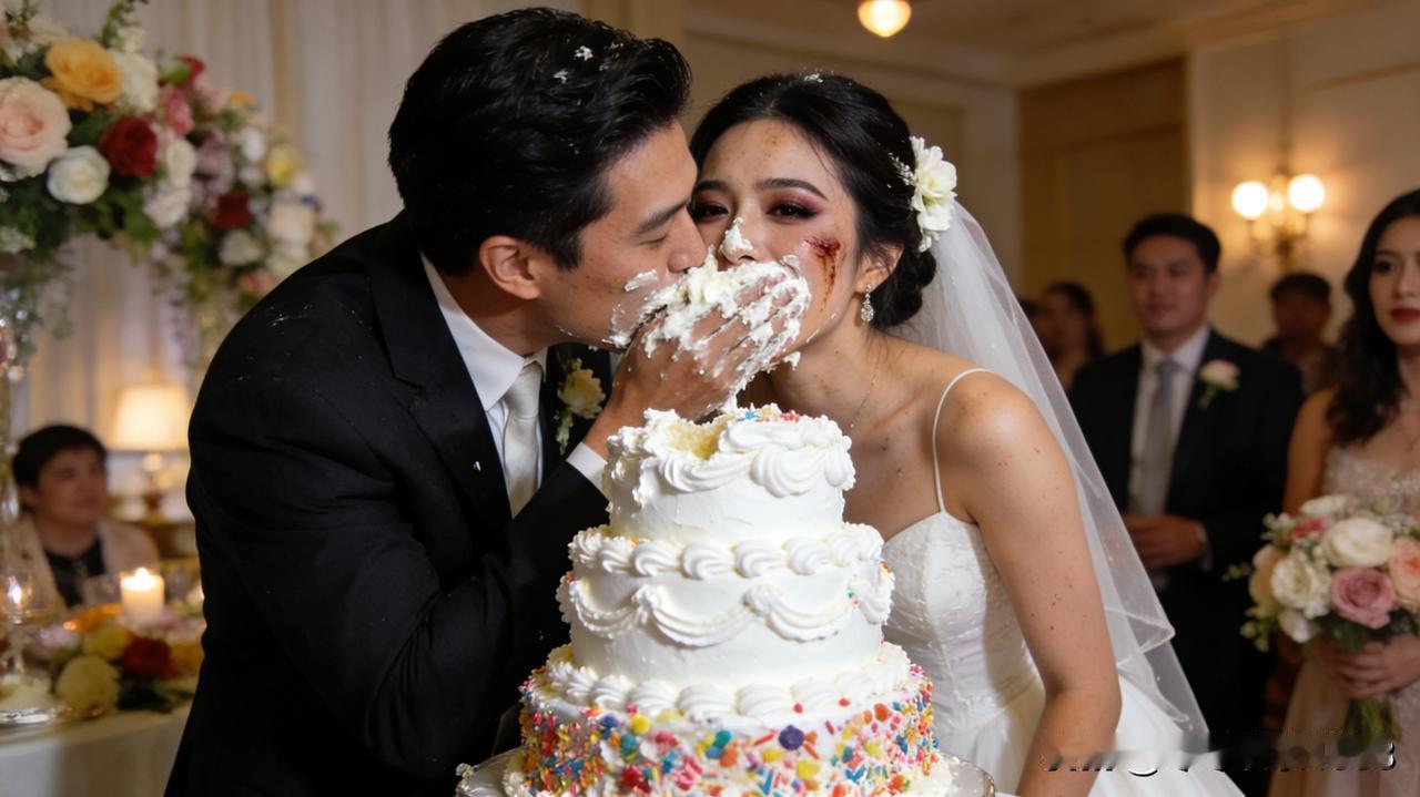 婚礼现场本是喜气洋洋，谁料新郎突然趁新娘不备，一把将她的脸按进了装饰精美的婚礼蛋