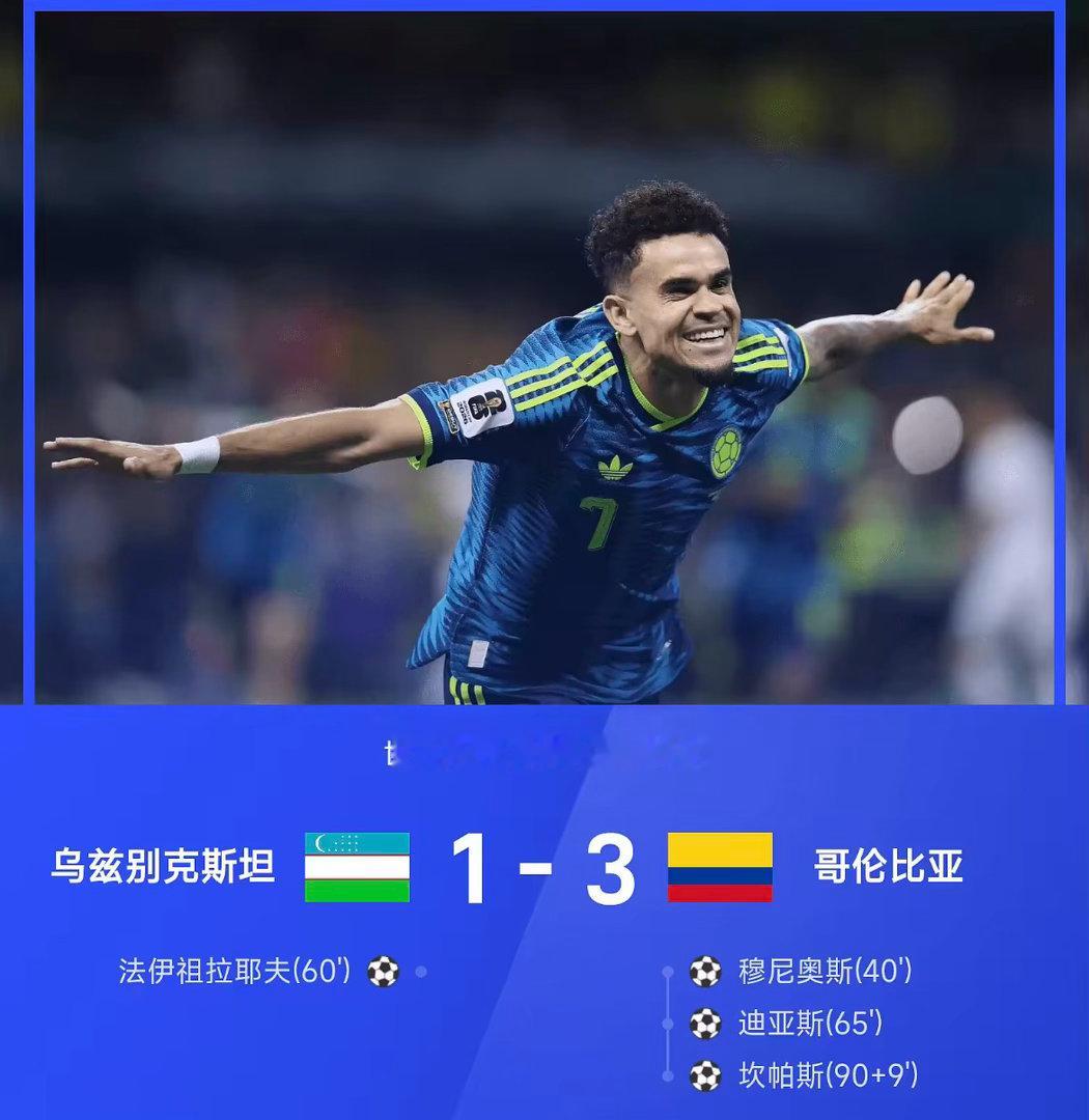 2026年世界杯小组赛K组第1轮，哥伦比亚3-1战胜乌兹别克斯坦。上半场，迪亚斯