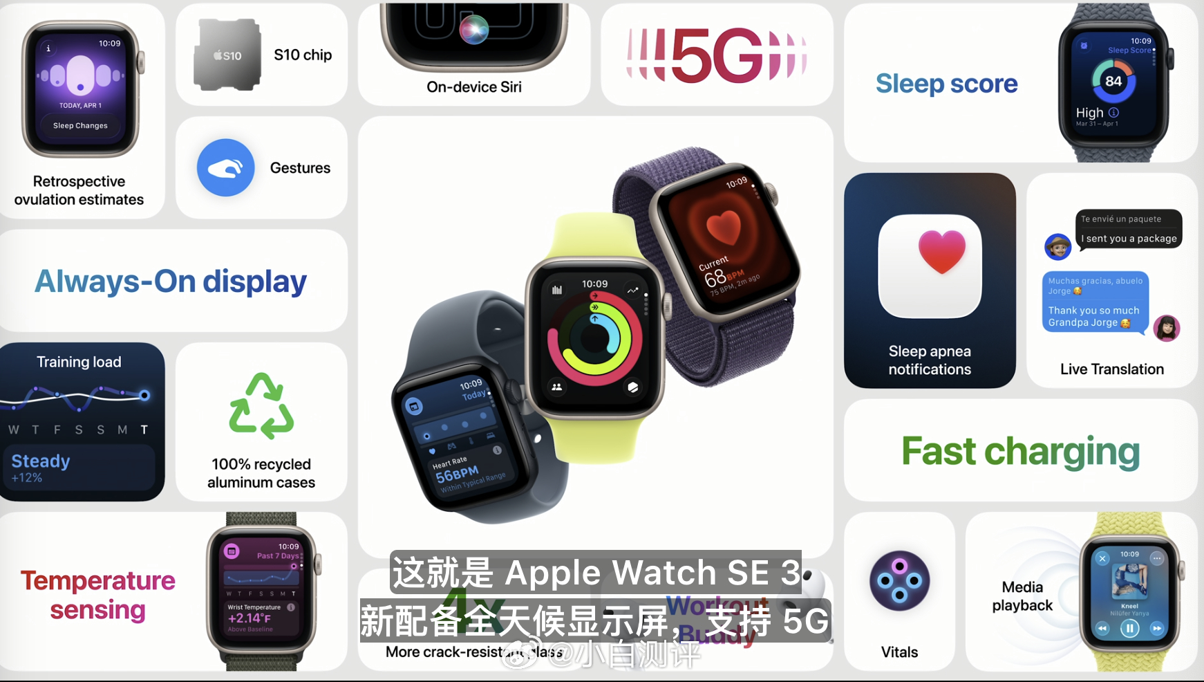 苹果发布会 第3个新品Apple Watch  SE3：S10芯片，首次支持快充