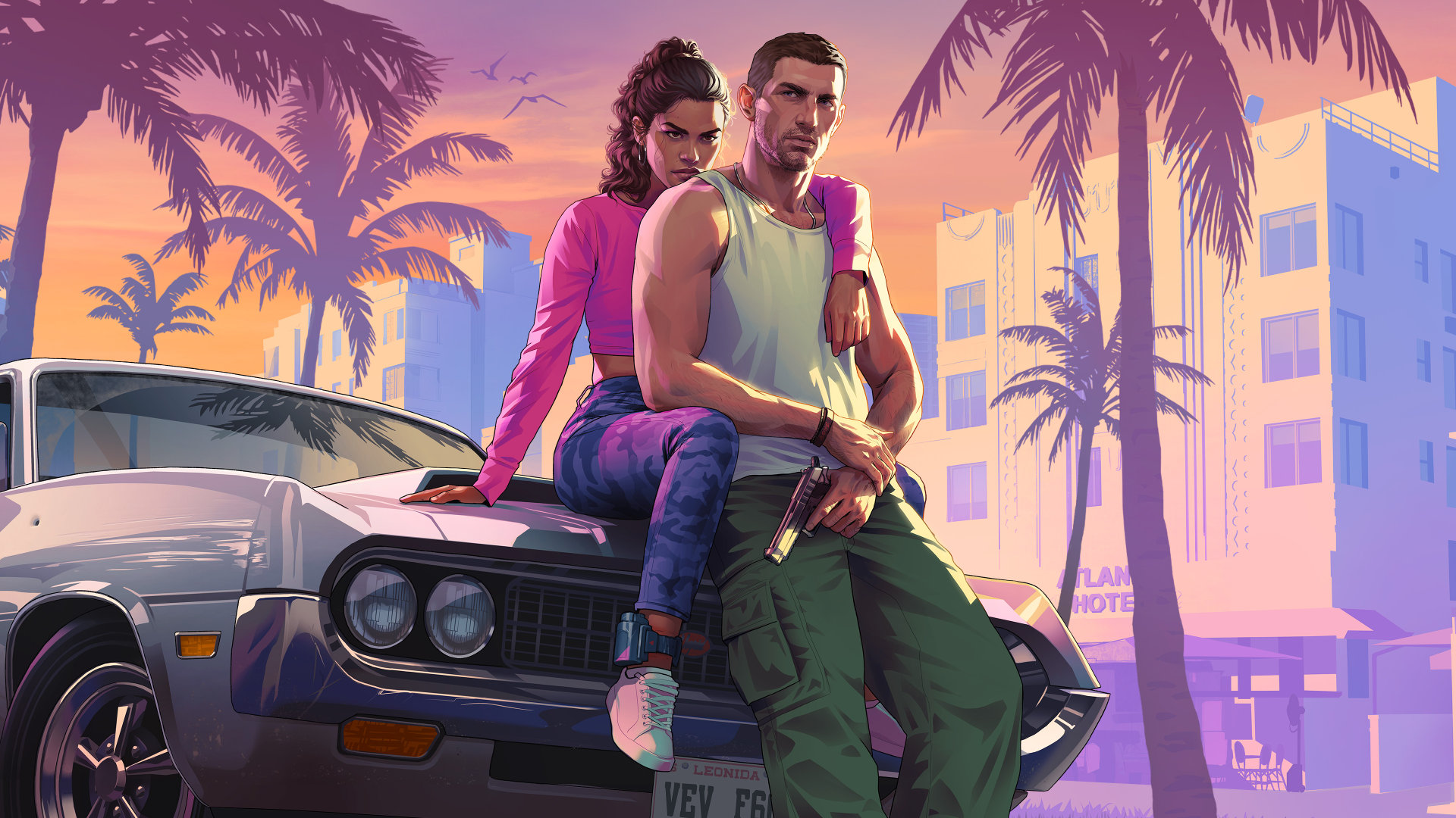 GTA6官网分享的角色美术图、壁纸和各大地点明信片。 ​​​