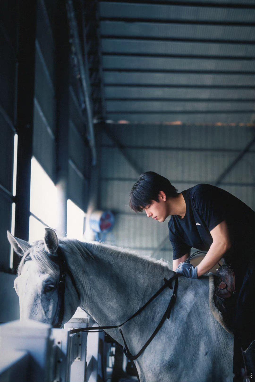#陈飞宇骑马照# 陈飞宇慕胥辞训练照，黑T白马太帅了吧，这不就是白马王子嘛，新剧