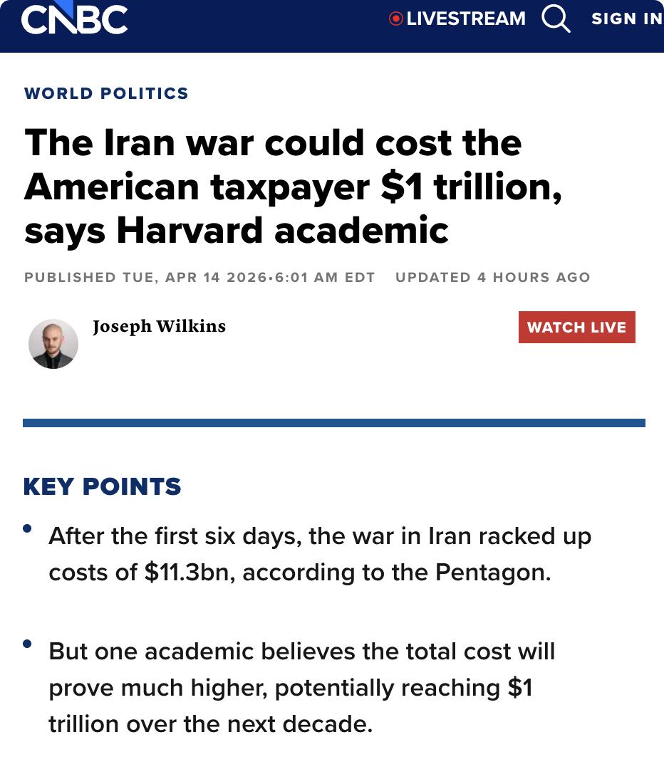 美媒：哈佛学者称伊朗战争可能让美国纳税人付出1万亿美元代价。

据五角大楼向国会
