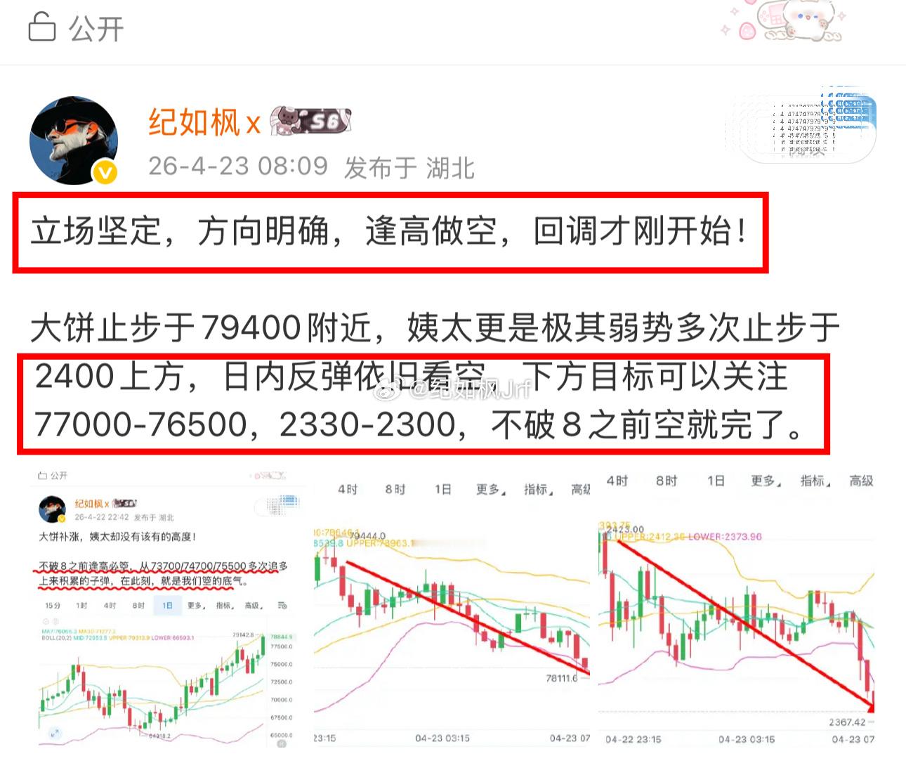 早间反弹后再刷新低，老纪也说了反弹还可以空，姨太也是给力来到2330，大餅同步7