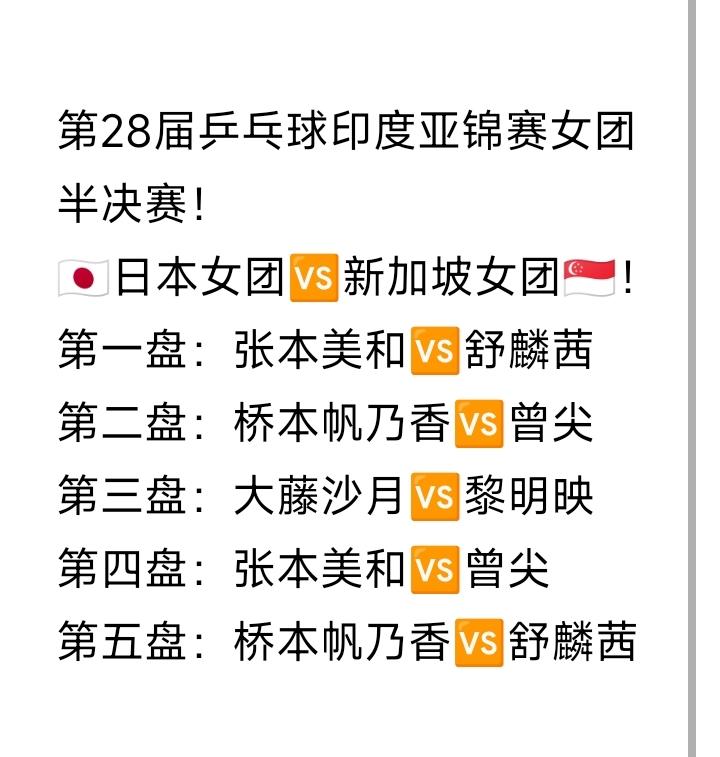日本女团排兵布阵来了！
🇯🇵日本女团🆚新加坡女团🇸🇬！
这是第28届乒