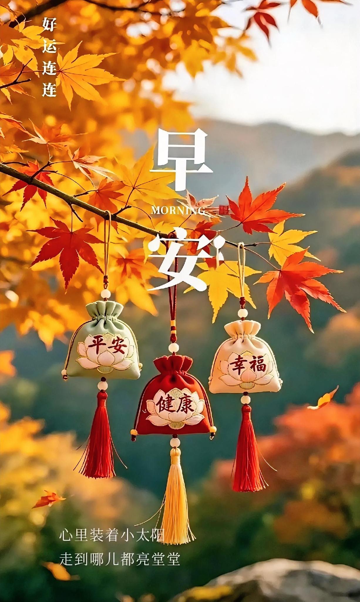 秋日晨光暖融，平安健康幸福袋缀满枝头。心底揣着小太阳，行至何处皆亮堂！