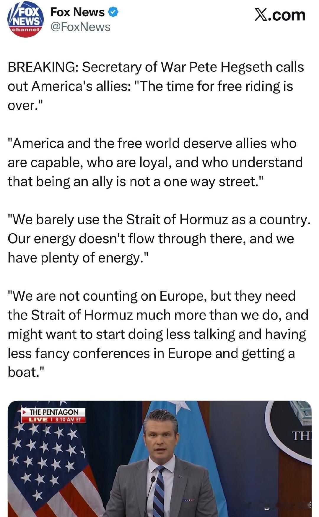 突发新闻：国防部长Pete Hegseth公开点名美国盟友：“搭便车的时代结束了