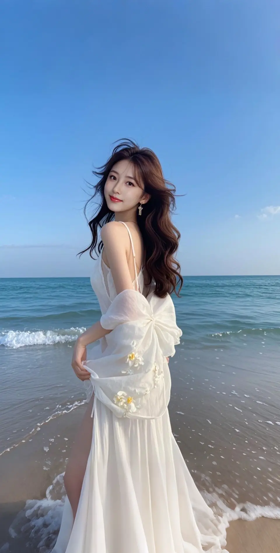 AI扩图 AI海边白纱少女