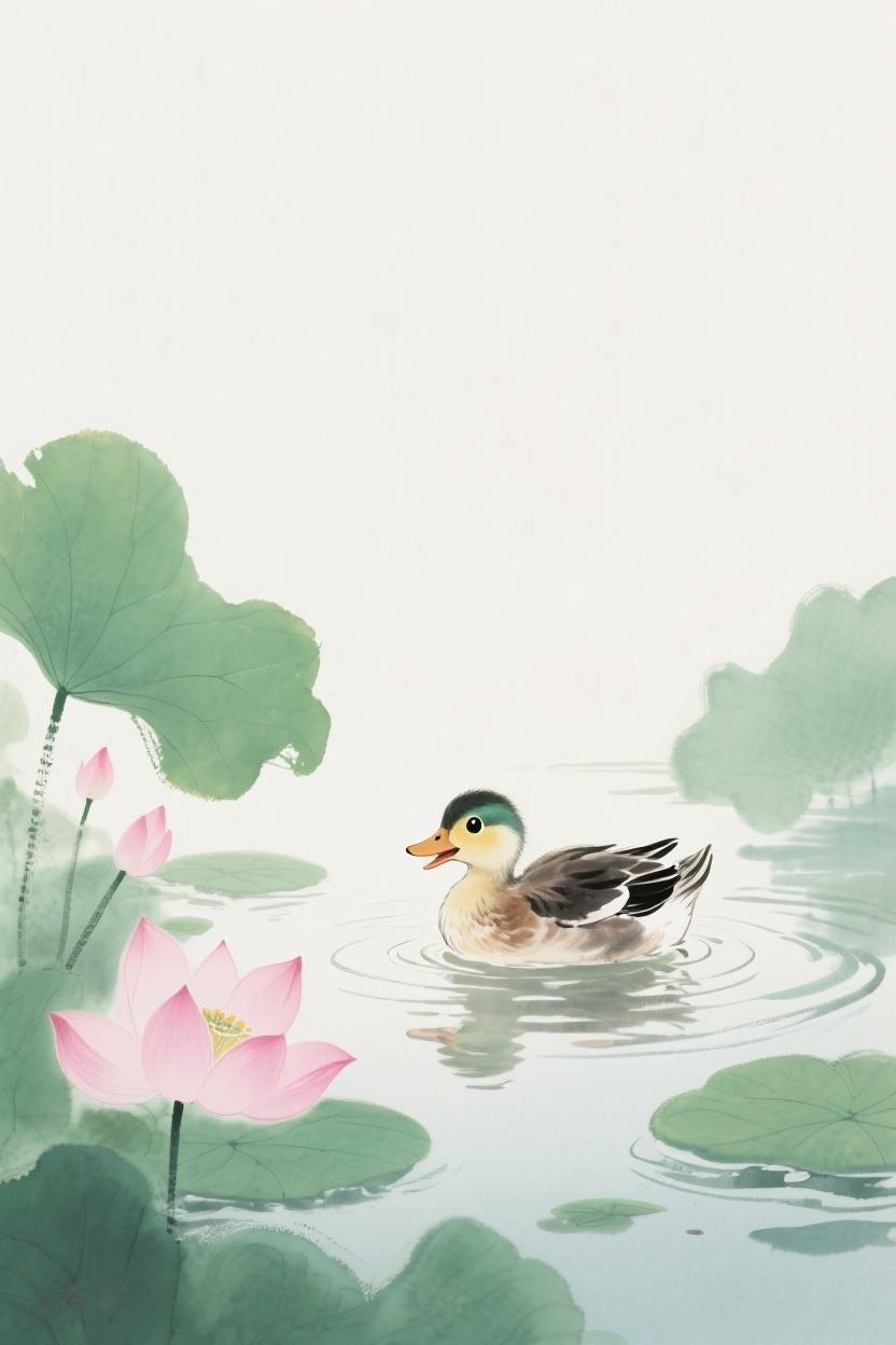 AI随心绘荷叶田田，粉莲初绽，小鸭子悠然游弋，于静谧中探寻生命的灵动与惬意~