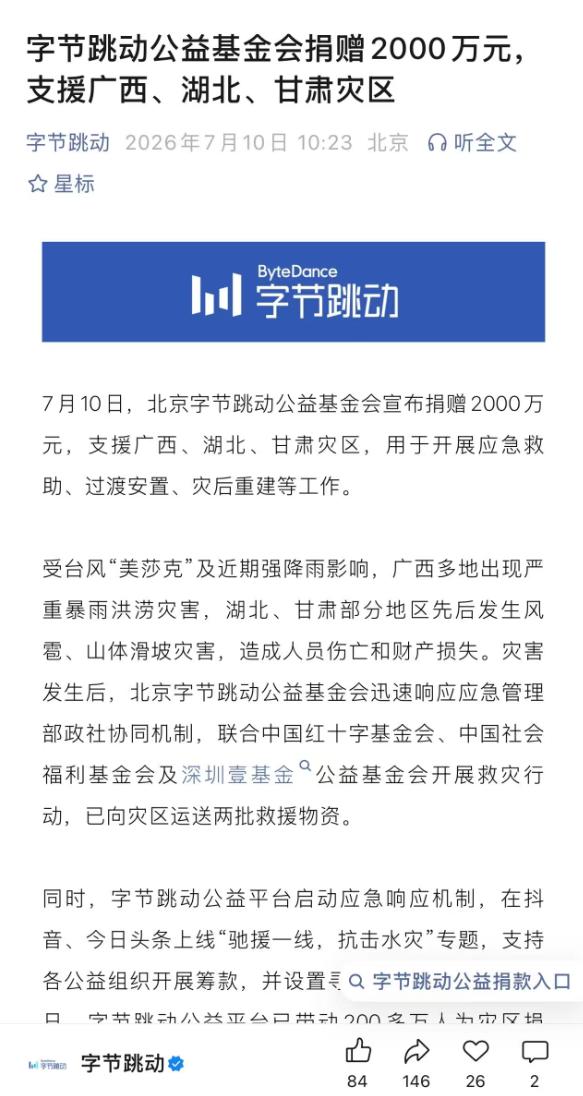 字节公益基金会宣布捐赠2000万元，支援广西、湖北、甘肃灾区，用于开展应急救助、