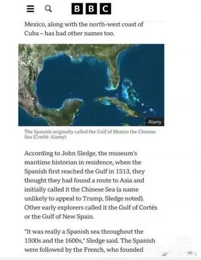 BBC：根据历史研究，墨西哥湾以前被西班牙称为“中国海”。中国网友：我还是喜欢你