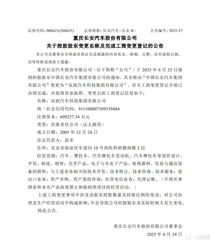 “中国长安汽车集团有限公司”变更为“辰致汽车科技集团有限公司”。大家这名字改的咋