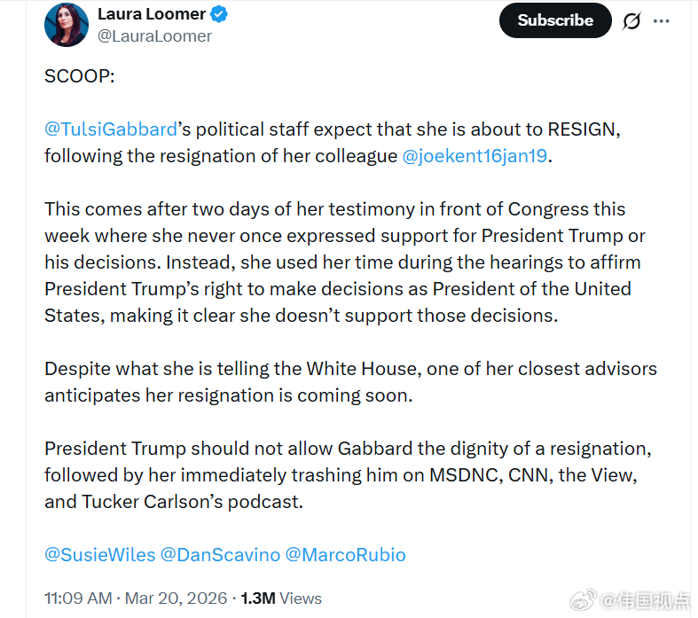 劳拉·卢默：图尔西·加巴德的政冶团队预计，她将在同事乔·肯特辞职之后，很快提出辞