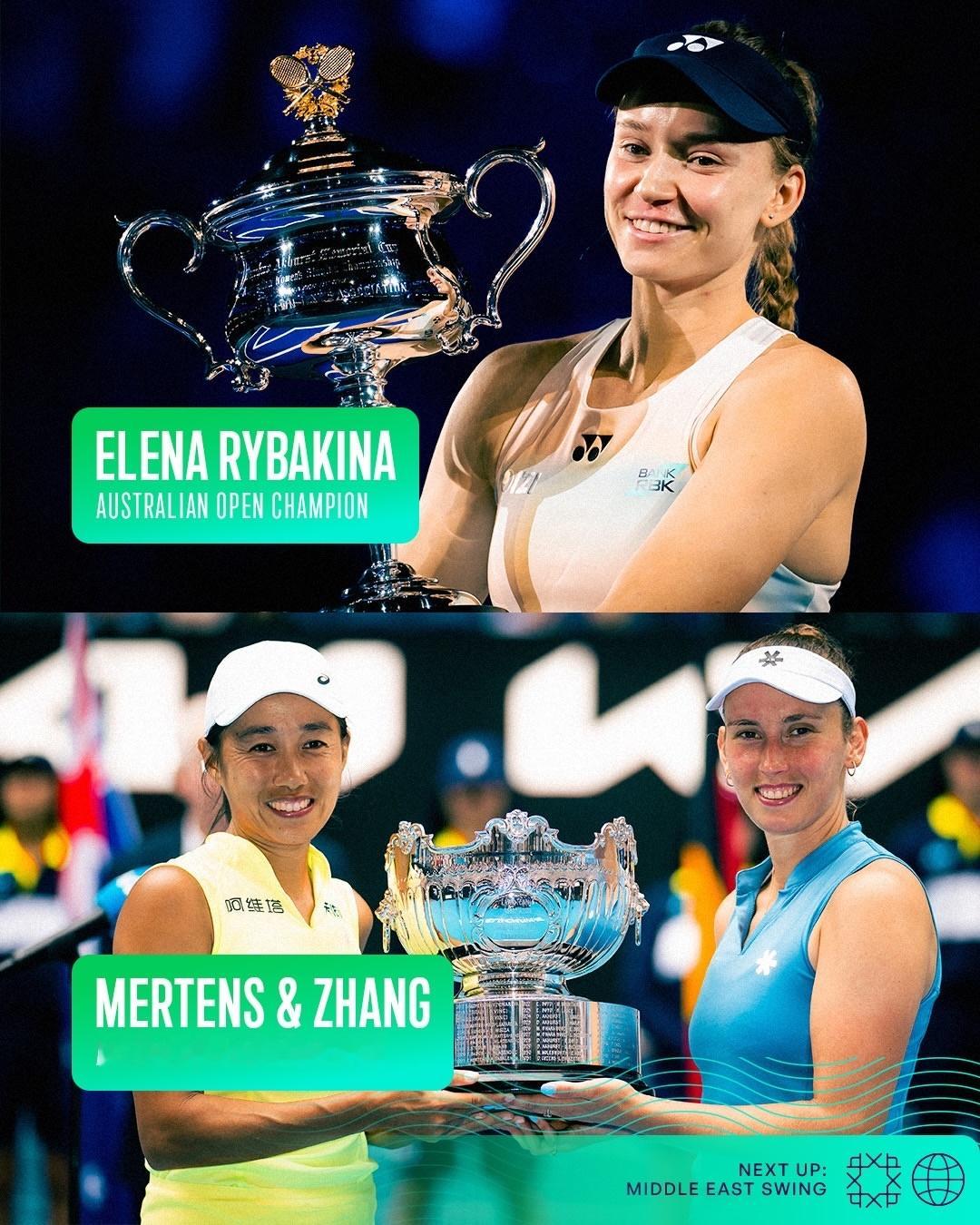 澳洲赛季结束咯🔚澳网女单冠军：莱巴金娜澳网女双冠军：张帅/梅尔滕斯阿德莱德女单