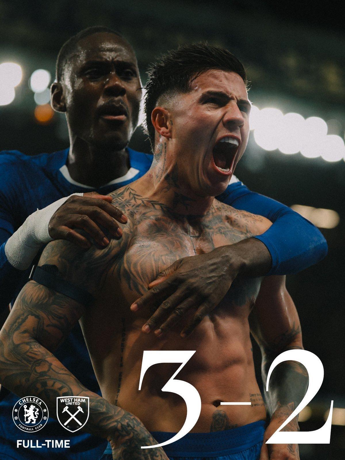 此前切尔西56次半场落后2球或以上，6平50负。这场终于3-2完成逆转。 