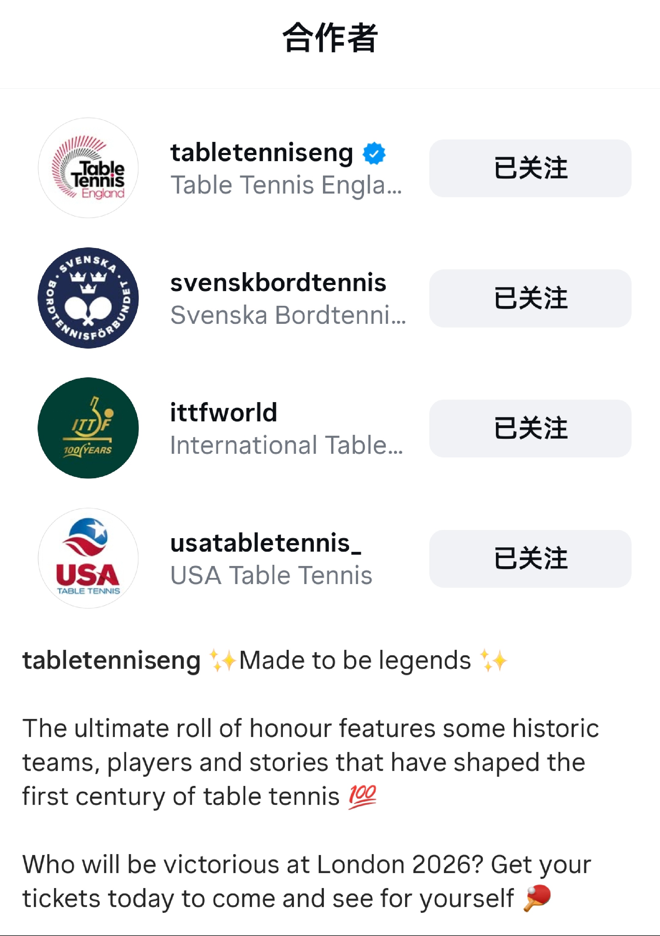 国际乒联/英乒协/美乒协/瑞乒协联合发布国际乒联百年荣誉榜:成就传奇终极荣誉榜收