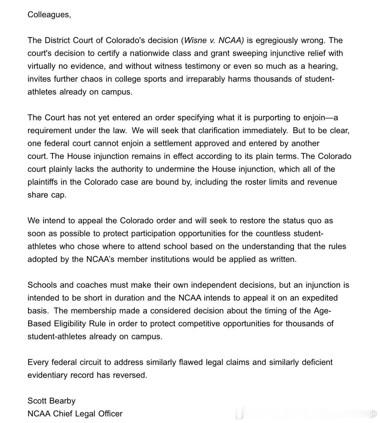 NCAA官方发表声明将与科罗拉多地方法院的裁决硬杠到底。认为该裁决是在没有任何证