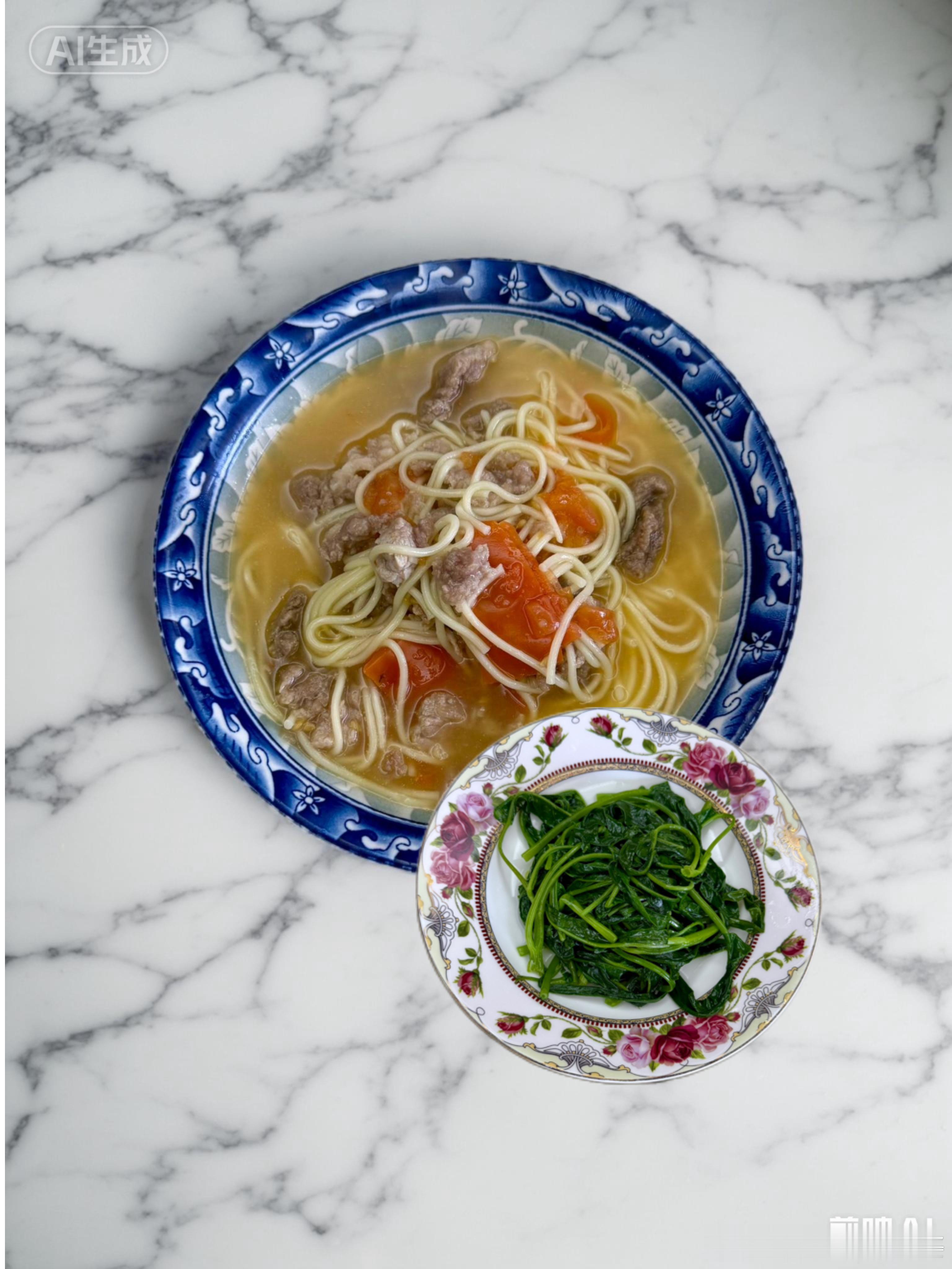 早餐：鸡蛋➕绿豆粥➕香菜心。半午：豆脯饼➕豆浆。中餐：焯水雍菜➕瘦肉西红柿面条。
