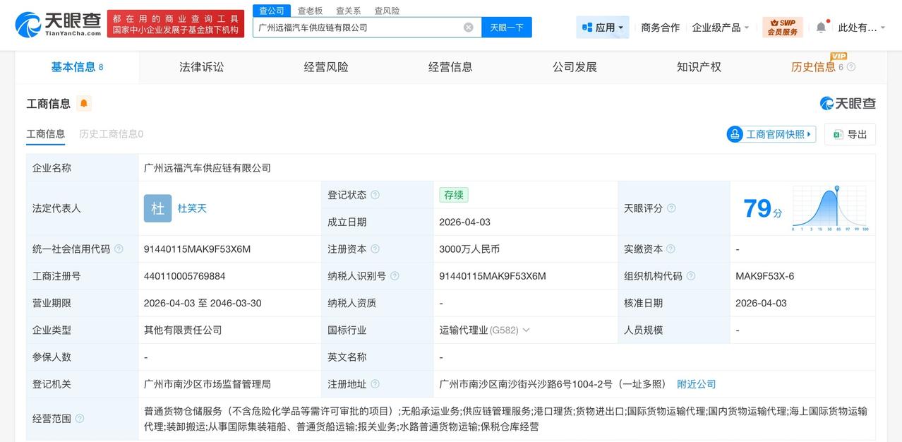 中远海特、福田汽车在广州成立供应链公司 注册资本3000万

天眼查工商信息显示