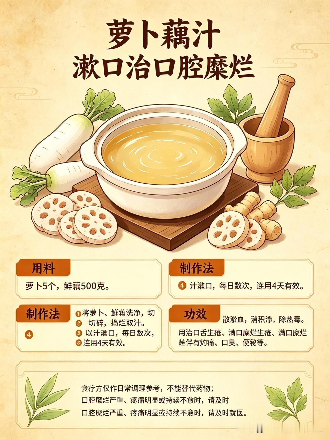 食疗配方，不能代替药物日常食疗技巧 家庭食疗手册 
萝卜藕汁漱口治口腔糜烂
用料